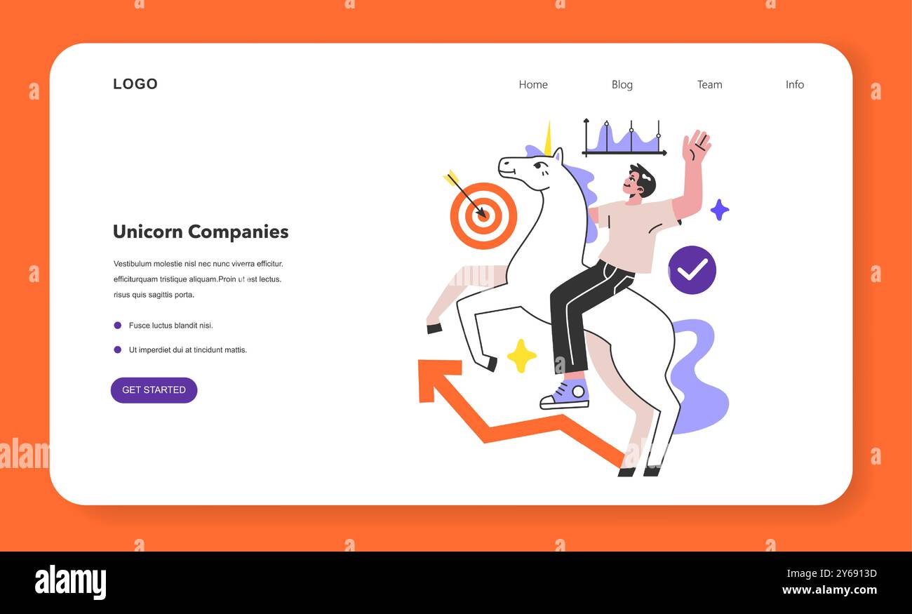 Banner Web o landing page aziendale Unicorn. Una nuova azienda del valore di oltre 1 miliardo di dollari. Startup innovativa e creativa, impresa di successo. Illustrazione vettoriale piatta Illustrazione Vettoriale
