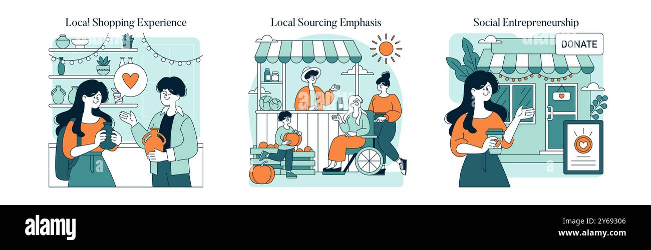 Set di sabato per piccole imprese. Comunità che sostiene i negozi locali, mette in evidenza i prodotti agricoli e da tavola e promuove le cause sociali. Illustrazione vettoriale. Illustrazione Vettoriale