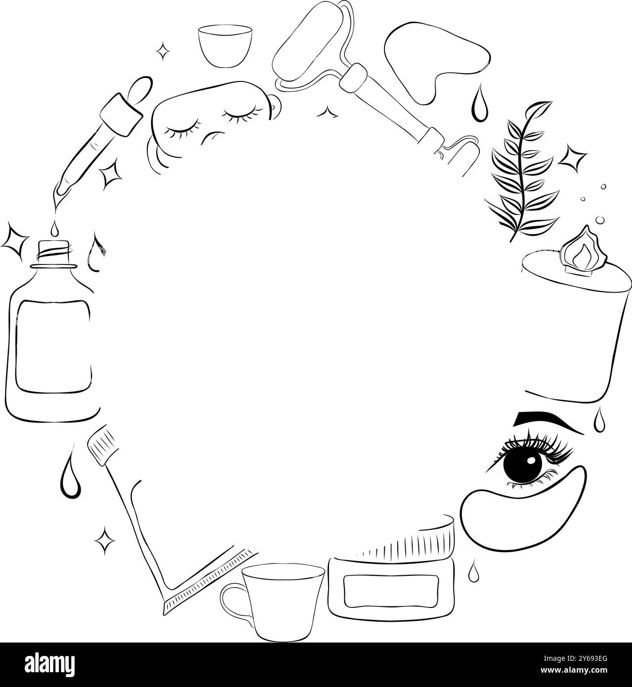 Cosmetici cura della pelle cerotti di candela siero crema maschera cerchio linea telaio circolare illustrazione vettoriale. Illustrazione Vettoriale