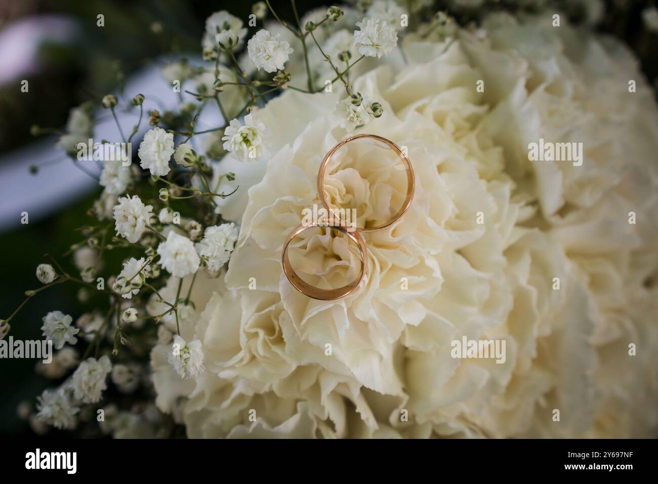 Eleganti nuziali adornate da un fiore bianco cremoso in mezzo a delicate fioriture. Foto Stock
