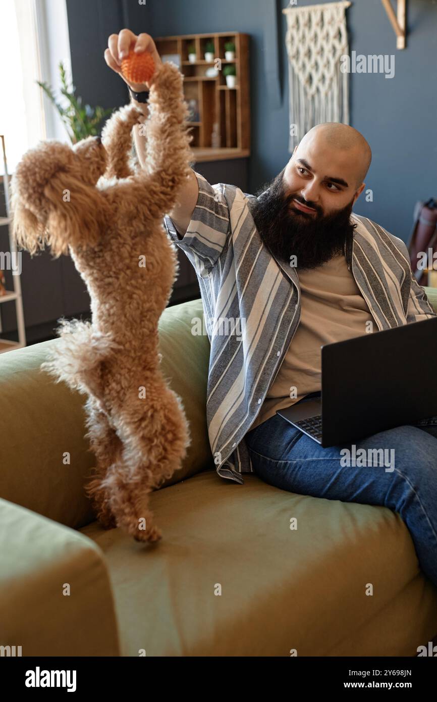 L'uomo barbuto seduto sul divano con un laptop, si prende gioco di un cane soffice sollevato sulle gambe posteriori, mostrando momenti di multitasking e compagnia in un'atmosfera accogliente da salotto Foto Stock