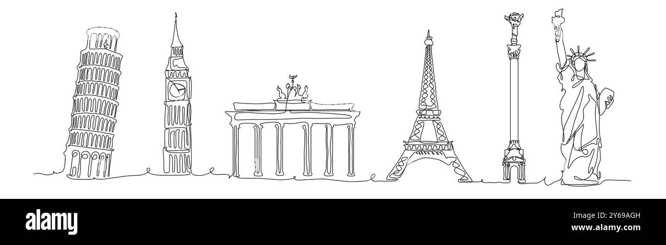 Schizzo di famosi monumenti storici su sfondo bianco. Design banner Foto Stock