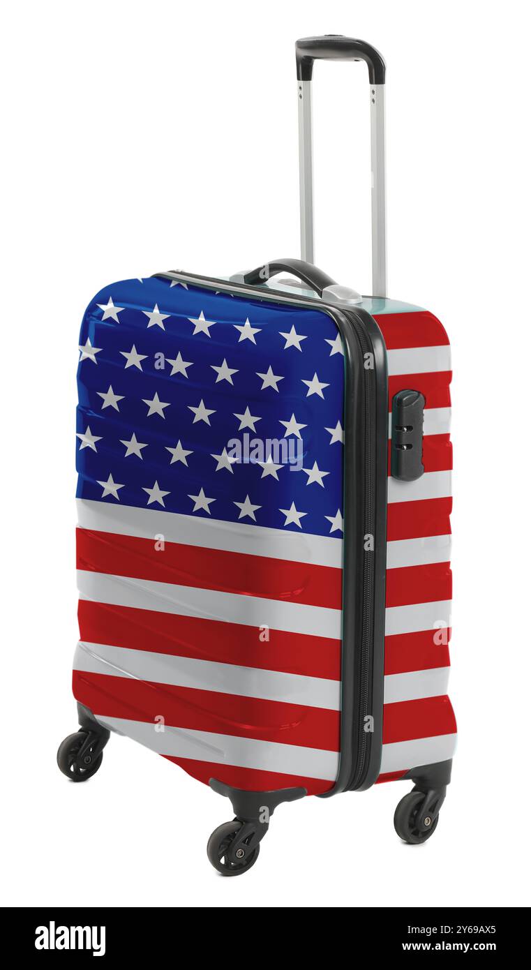 Valigia dipinta nella bandiera nazionale degli Stati Uniti isolata su bianco Foto Stock