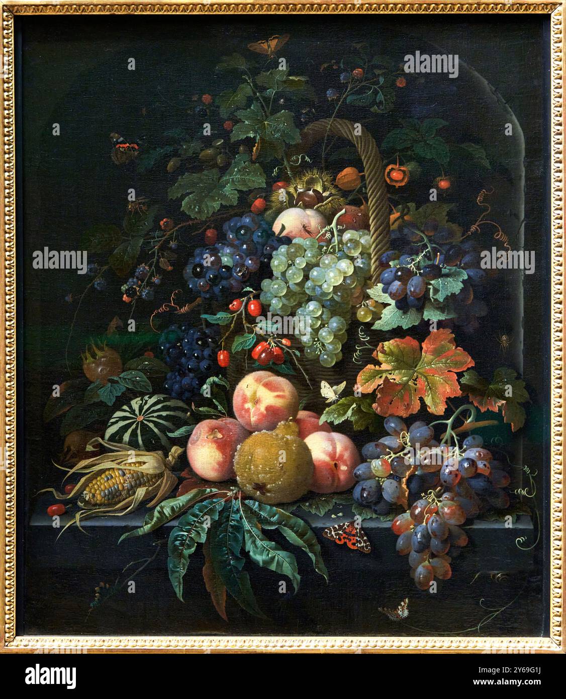 Frutta, cesto, insetti e farfalle in una nicchia di pietra, Abraham MIGNON, Francfort-sur-le-Main (Allemagne actuelle), 1637 - Utrecht (Pays-Bas), 1679, Musée du Louvre, Parigi, Francia. Foto Stock
