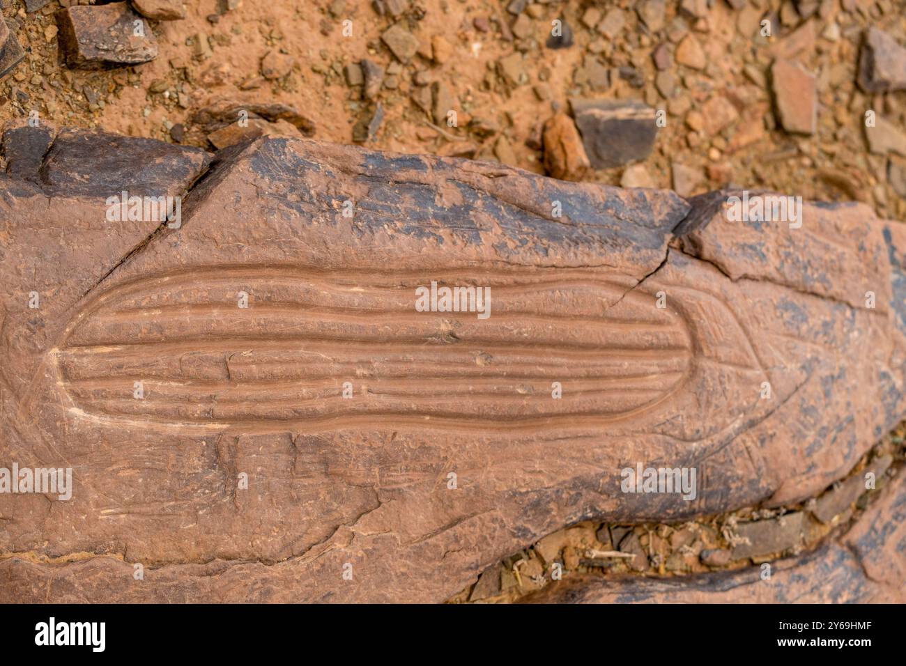 Simbolo preistorico, petroglifo, deposito roccioso di Ait Ouazik, tardo Neolitico, Marocco, Africa. Foto Stock