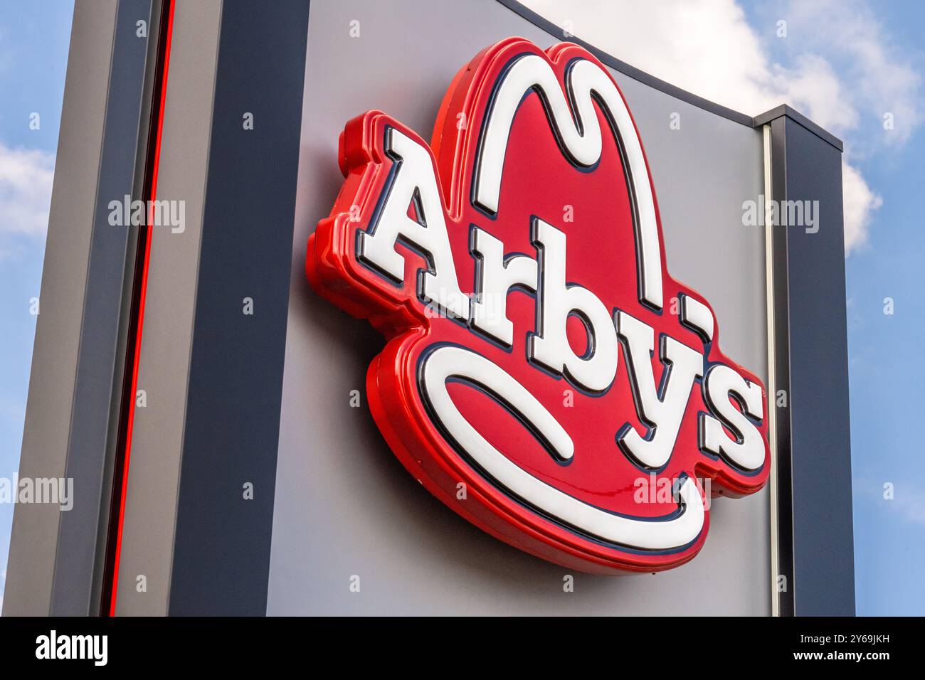 Cartello autostradale per il ristorante Arby's Roast beef lungo l'autostrada Atlanta a Loganville, Georgia. (USA) Foto Stock