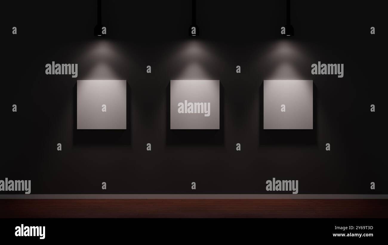 Tre tele vuote illuminate drammaticamente in una galleria d'arte moderna con una parete scura e un pavimento in legno. Foto Stock