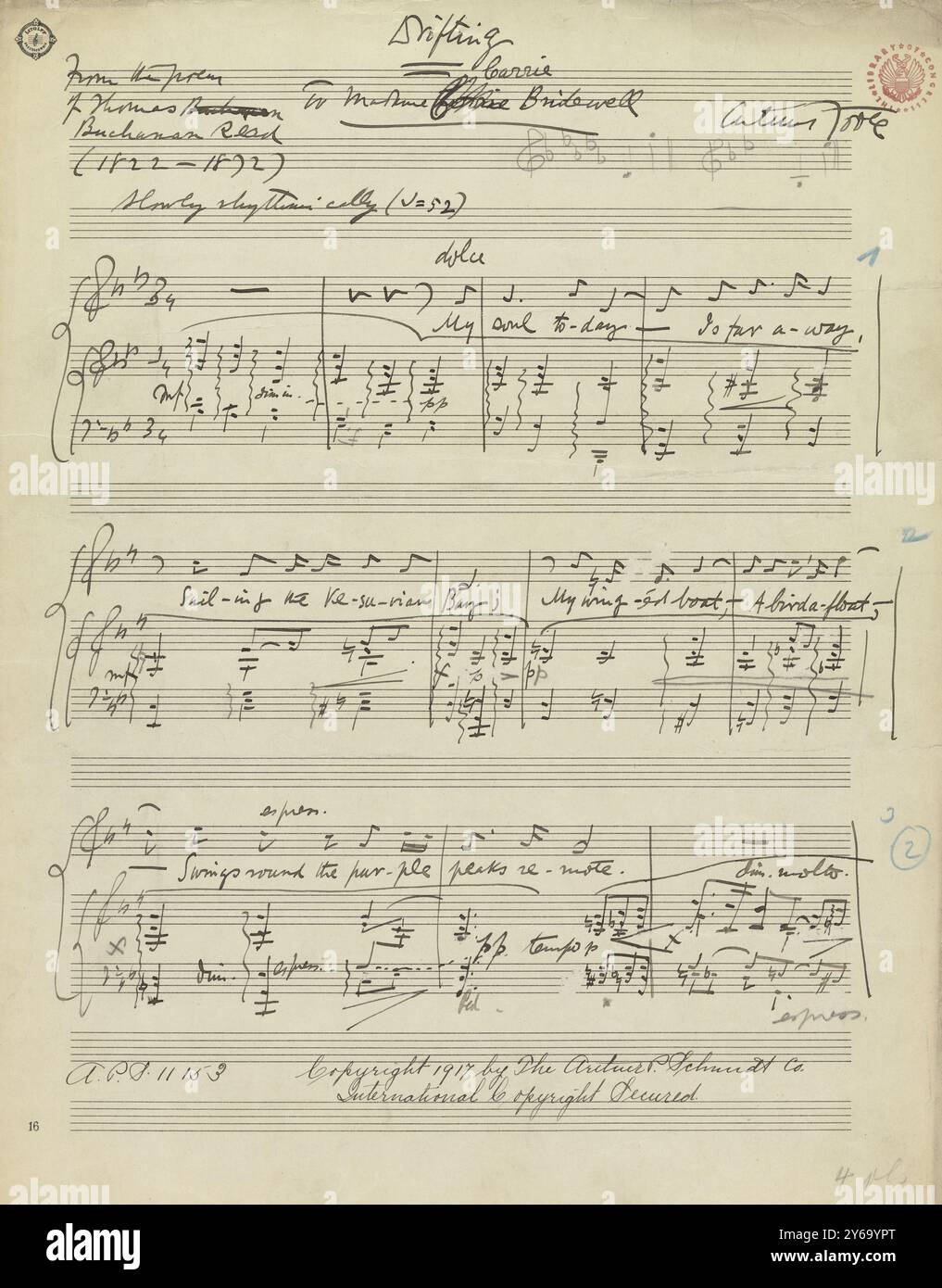 Musica 1800-1900; manoscritti musicali; Foote, Arthur. Drifting, Foote, Arthur., 1800 - 1900, Schmidt, Arthur Paul, editoria musicale, musica popolare, scrittura ed editoria, Spartiti musicali, musica, Stati Uniti, XIX secolo, musica, Stati Uniti, manoscritti, Stati Uniti, manoscritti Foto Stock