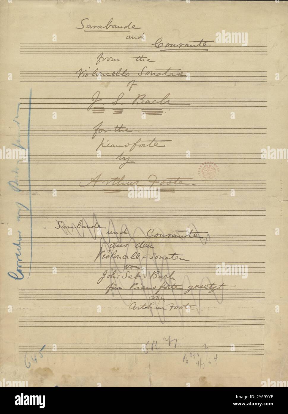 Musica 1800-1900; manoscritti musicali; Foote, Arthur, arrangiatore. Sarabande, dalla seconda parte (J. S. Bach), Foote, Arthur (Arranger), 1800 - 1900, Schmidt, Arthur Paul, editoria musicale, musica popolare, scrittura ed editoria, Spartiti musicali, musica, Stati Uniti, XIX secolo, musica, Stati Uniti, manoscritti, Stati Uniti, manoscritti Foto Stock