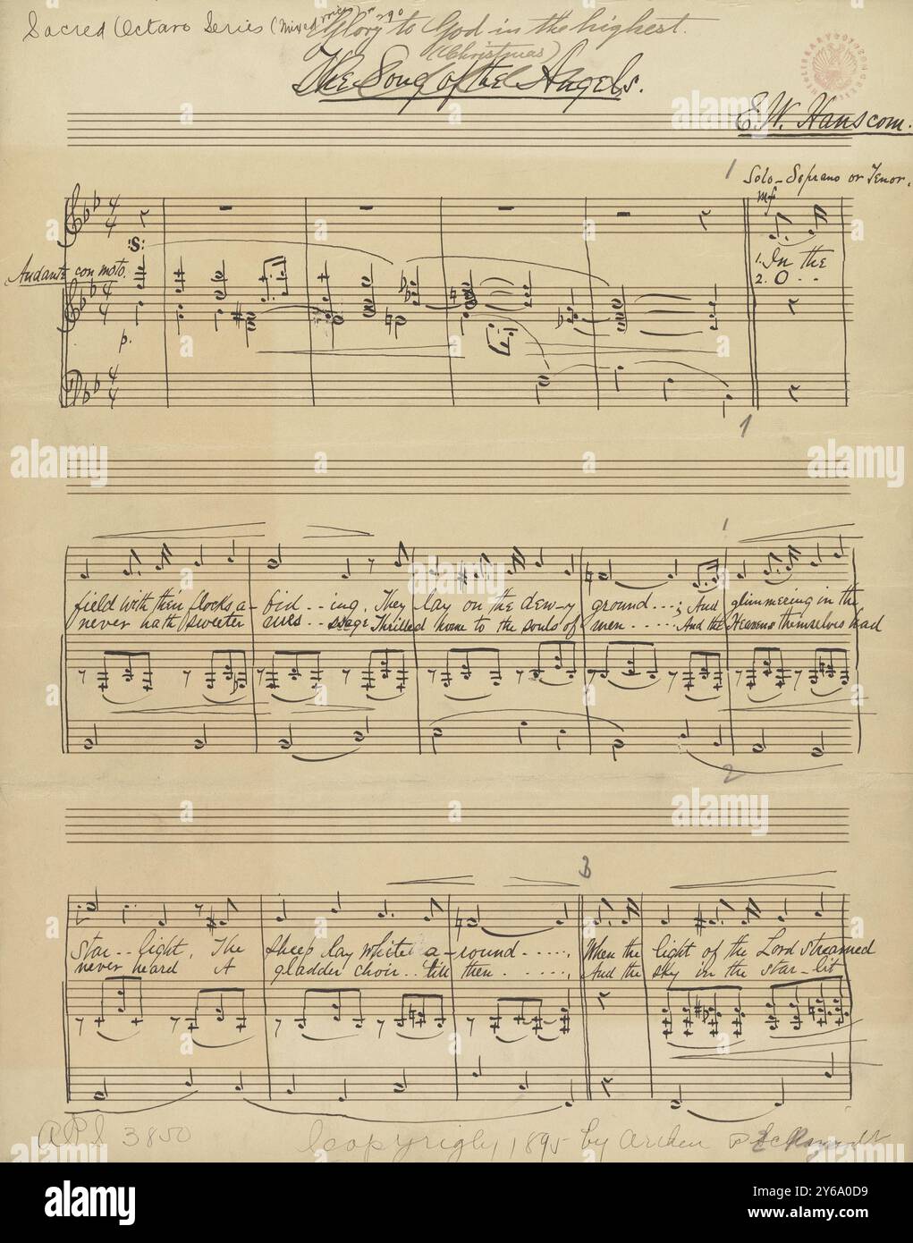 Musica 1800-1900; manoscritti musicali; Hanscom, E. W. Glory to God in the Highest, Hanscom, E. W., 1800 - 1900, Schmidt, Arthur Paul, editoria musicale, musica popolare, scrittura ed editoria, Spartiti musicali, musica, Stati Uniti, XIX secolo, musica, Stati Uniti, manoscritti, Stati Uniti, manoscritti Foto Stock