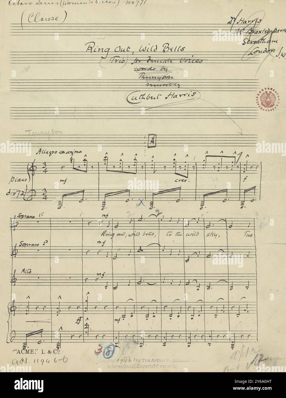 Musica 1800-1900; manoscritti musicali; Harris, Cuthbert. Ring out, Wild Bells, Harris, Cuthbert., 1800 - 1900, Schmidt, Arthur Paul, editoria musicale, musica popolare, scrittura ed editoria, spartiti, musica, Stati Uniti, XIX secolo, musica, Stati Uniti, manoscritti, Stati Uniti, manoscritti Foto Stock