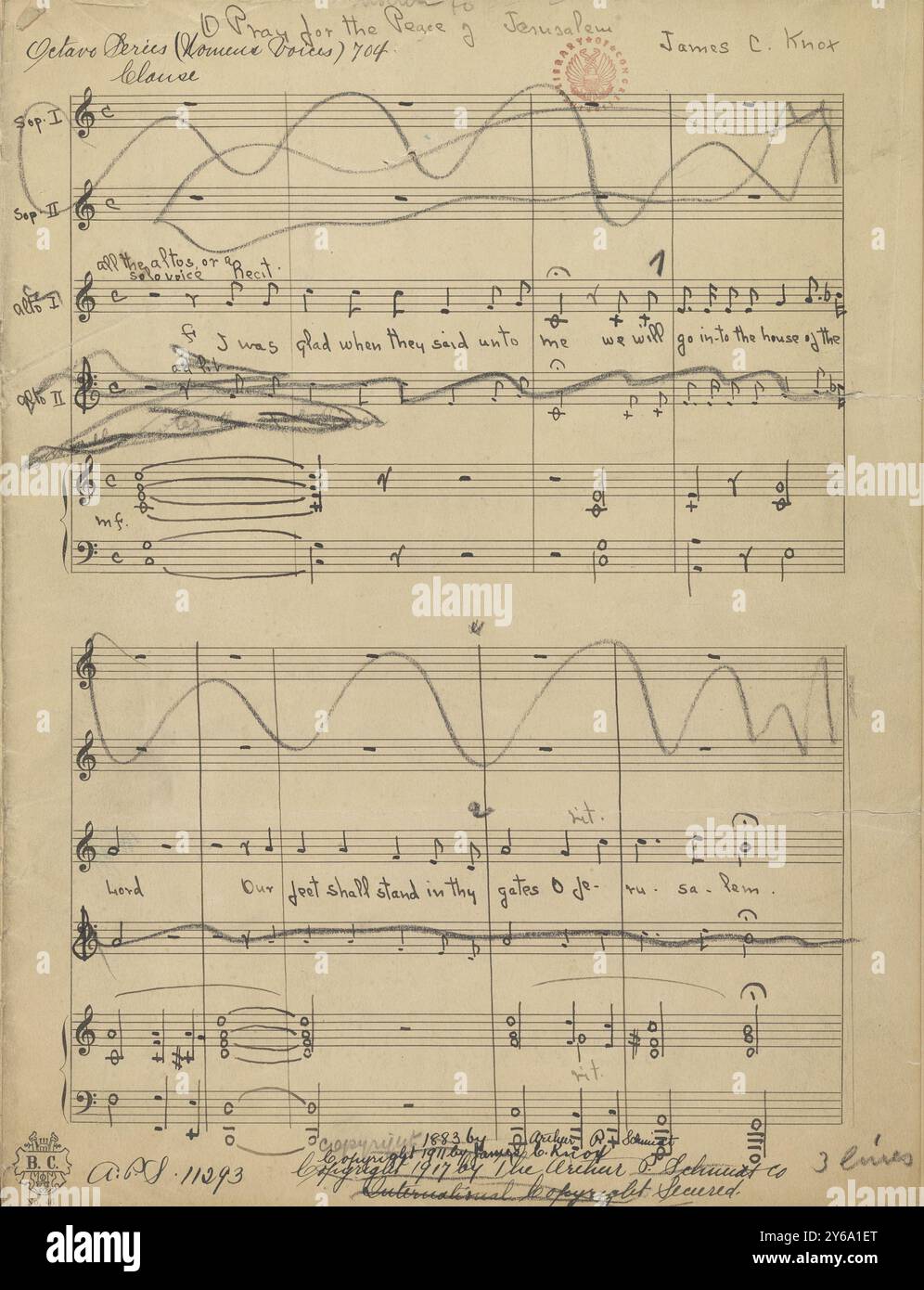 Musica 1800-1900; manoscritti musicali; Knox, James C. o prega per la pace di Gerusalemme, per coro, voci femminili (SSAA) e pianoforte, Knox, James C., 1800 - 1900, Schmidt, Arthur Paul, editoria musicale, musica popolare, scrittura ed editoria, Spartiti musicali, musica, Stati Uniti, XIX secolo, musica, Stati Uniti, manoscritti, Stati Uniti, manoscritti Foto Stock