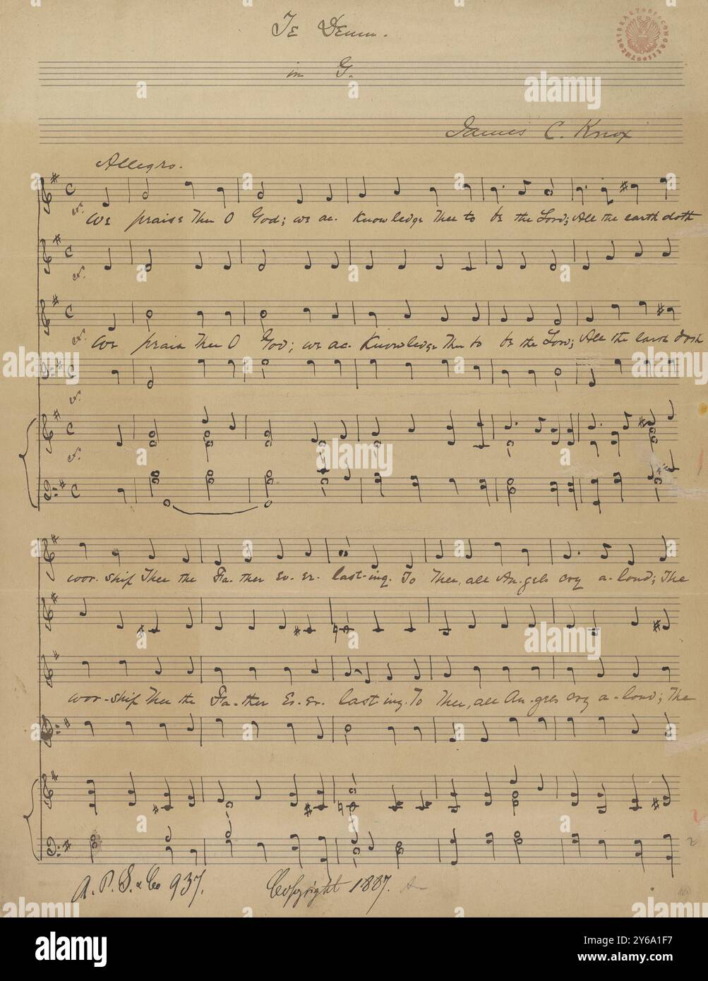 Musica 1800-1900; manoscritti musicali; Knox, James C. te Deum in G, Knox, James C., 1800 - 1900, Schmidt, Arthur Paul, editoria musicale, musica popolare, scrittura ed editoria, Spartiti musicali, musica, Stati Uniti, XIX secolo, musica, Stati Uniti, manoscritti, Stati Uniti, manoscritti Foto Stock