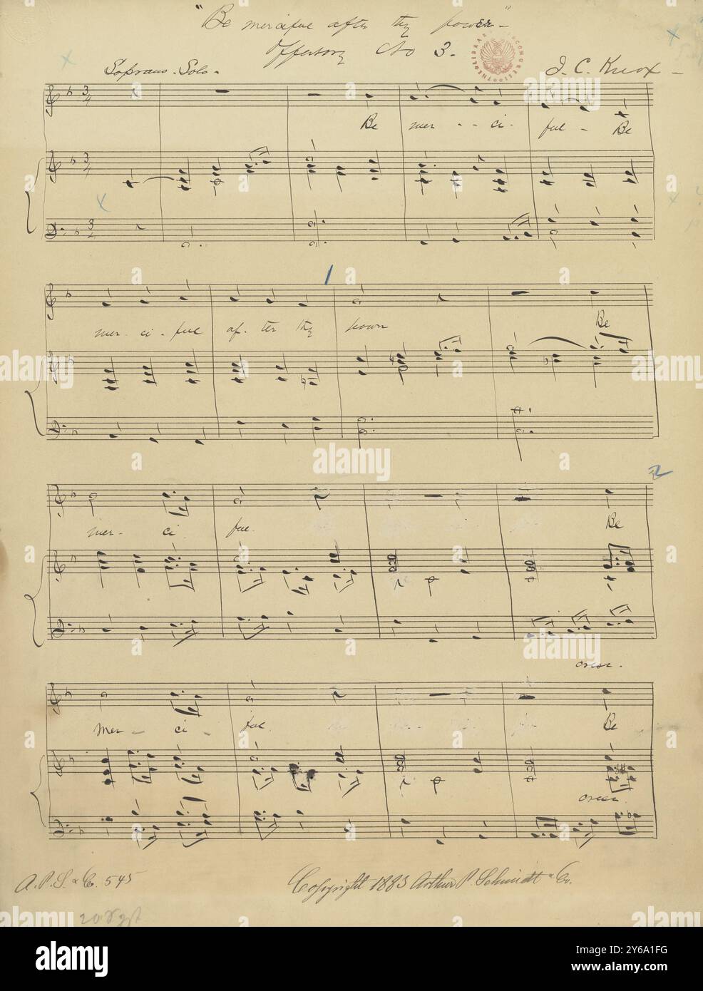 Musica 1800-1900; manoscritti musicali; Knox, James C. essere misericordioso dopo il tuo potere, Knox, James C., 1800 - 1900, Schmidt, Arthur Paul, editoria musicale, musica popolare, scrittura ed editoria, Spartiti musicali, musica, Stati Uniti, XIX secolo, musica, Stati Uniti, manoscritti, Stati Uniti, manoscritti Foto Stock