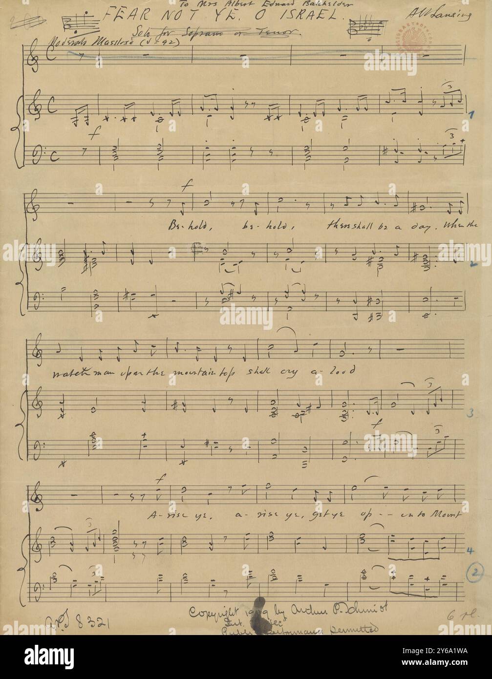 Music 1800-1900; Music Manuscripts; Lansing, A. W. Fear Not ye o Israel, per voce e pianoforte, Lansing, A. W., 1800 - 1900, Schmidt, Arthur Paul, editoria musicale, musica popolare, scrittura ed editoria, Spartiti musicali, musica, Stati Uniti, XIX secolo, musica, Stati Uniti, manoscritti, Stati Uniti, manoscritti Foto Stock