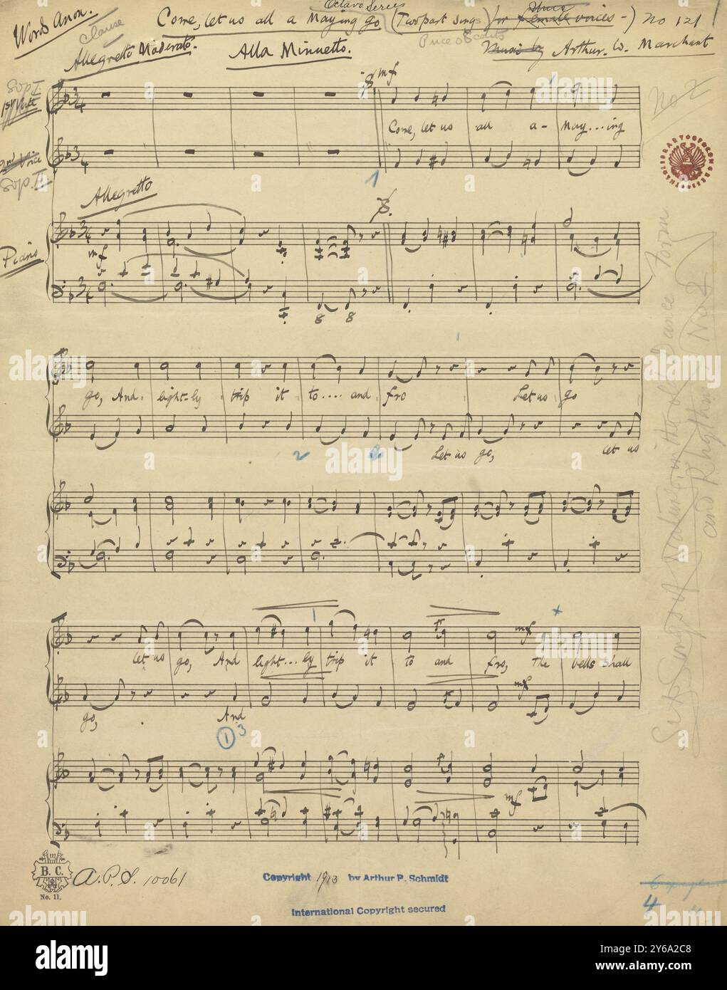 Music 1800-1900; Music Manuscripts; Marchant, Arthur W. come Let Us All a Maying Go, Marchant, Arthur W., 1800 - 1900, Schmidt, Arthur Paul, editoria musicale, musica popolare, scrittura ed editoria, Spartiti musicali, musica, Stati Uniti, XIX secolo, musica, Stati Uniti, manoscritti, Stati Uniti, manoscritti Foto Stock