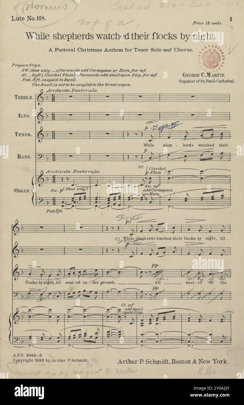 Musica 1800-1900; manoscritti musicali; Martin, George C. mentre i pastori guardavano i loro greggi di notte, arrangiato, Martin, George C., 1800 - 1900, Schmidt, Arthur Paul, editoria musicale, musica popolare, scrittura ed editoria, spartiti, musica, Stati Uniti, XIX secolo, musica, Stati Uniti, manoscritti, Stati Uniti, manoscritti, arrangiamento di R. S. Stoughton. Foto Stock