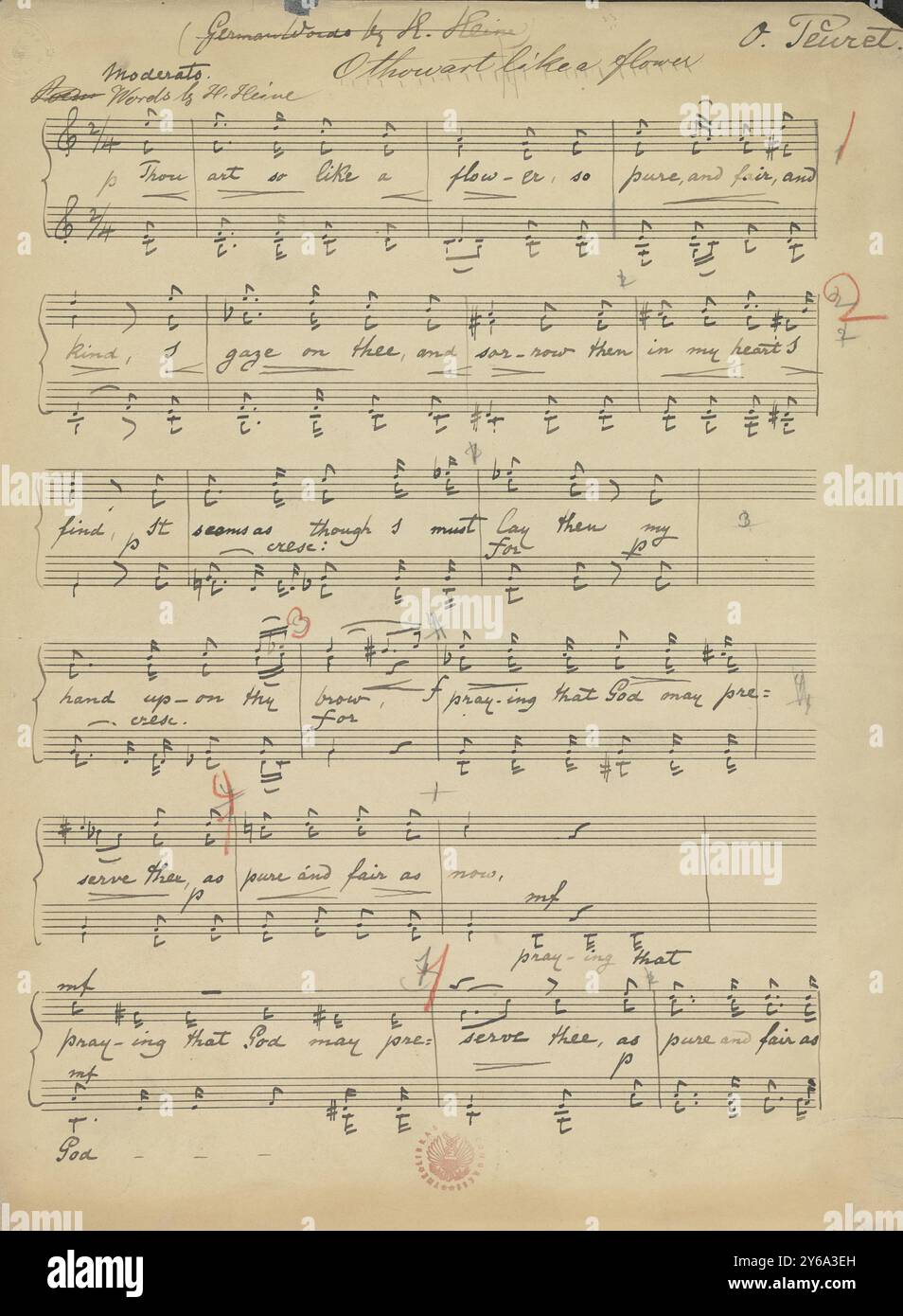 Musica 1800-1900; manoscritti musicali; Peuret, O. thou art like a Flower, Peuret, O., 1800 - 1900, Schmidt, Arthur Paul, editoria musicale, musica popolare, scrittura ed editoria, Spartiti musicali, musica, Stati Uniti, XIX secolo, musica, Stati Uniti, manoscritti, Stati Uniti, manoscritti Foto Stock