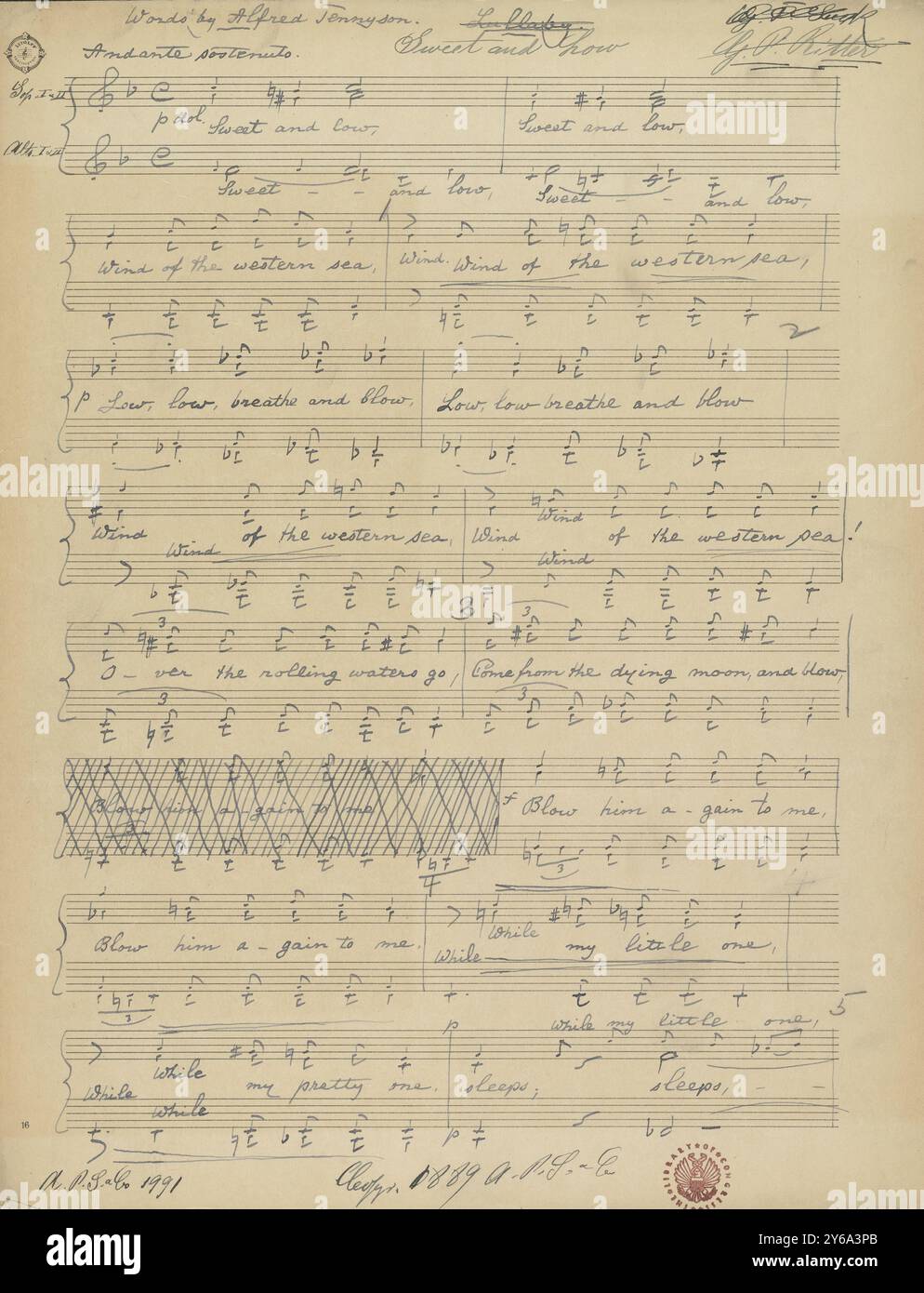 Music 1800-1900; Music Manuscripts; Ritter, G. P. Sweet and low, Ritter, G. P., 1800 - 1900, Schmidt, Arthur Paul, editoria musicale, musica popolare, scrittura ed editoria, Spartiti musicali, musica, Stati Uniti, XIX secolo, musica, Stati Uniti, manoscritti, Stati Uniti, manoscritti Foto Stock