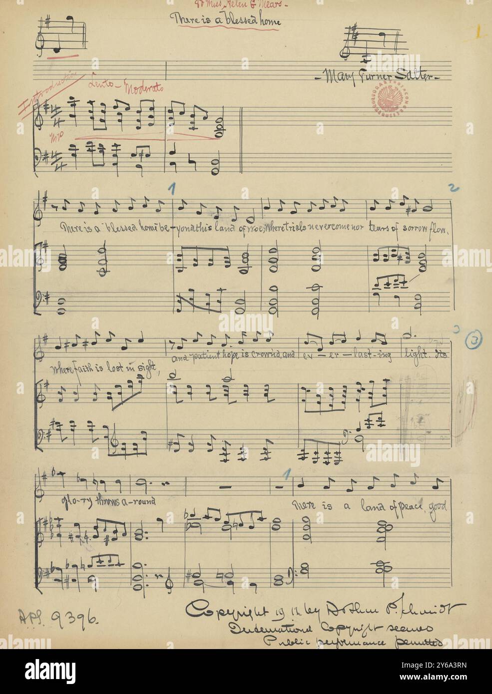 Musica 1800-1900; manoscritti musicali; Salter, Mary Turner. C'è una casa benedetta, per voce e pianoforte, Salter, Mary Turner., 1800 - 1900, Schmidt, Arthur Paul, editoria musicale, musica popolare, scrittura ed editoria, Spartiti musicali, musica, Stati Uniti, XIX secolo, musica, Stati Uniti, manoscritti, Stati Uniti, manoscritti Foto Stock