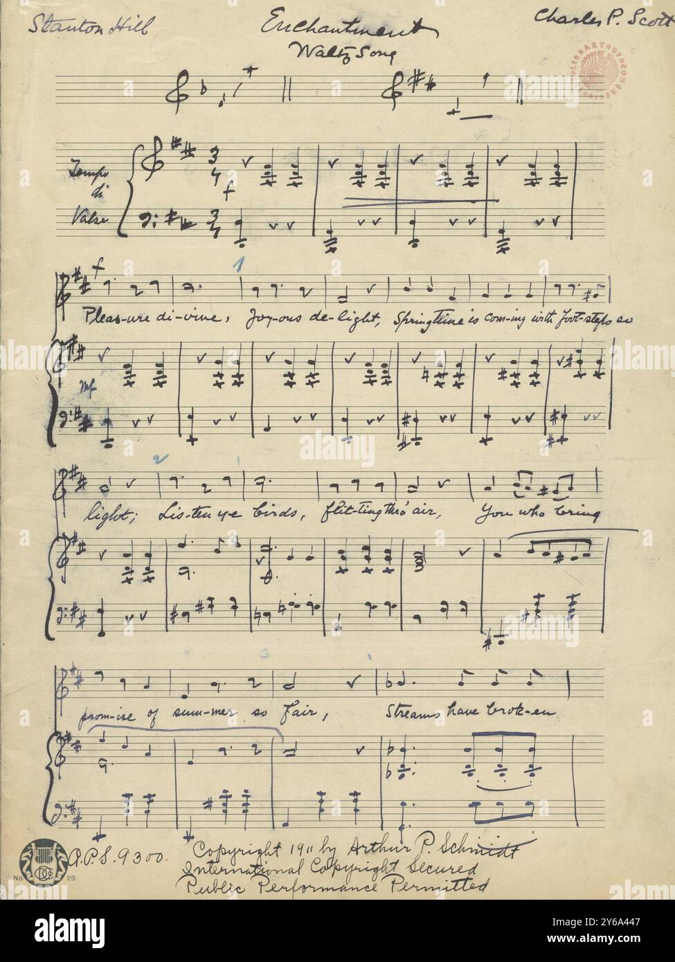 Music 1800-1900; Music Manuscripts; Scott, Charles P. Enchantment, per voce e pianoforte, Scott, Charles P., 1800 - 1900, Schmidt, Arthur Paul, editoria musicale, musica popolare, scrittura ed editoria, Spartiti musicali, musica, Stati Uniti, XIX secolo, musica, Stati Uniti, manoscritti, Stati Uniti, manoscritti Foto Stock