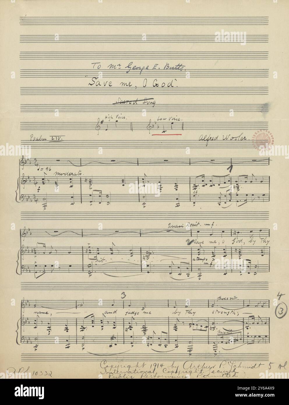 Musica 1800-1900; manoscritti musicali; Wooler, Alfred. Save me, o Dio, per voce e pianoforte, Wooler, Alfred., 1800 - 1900, Schmidt, Arthur Paul, editoria musicale, musica popolare, scrittura ed editoria, Spartiti musicali, musica, Stati Uniti, XIX secolo, musica, Stati Uniti, manoscritti, Stati Uniti, manoscritti Foto Stock