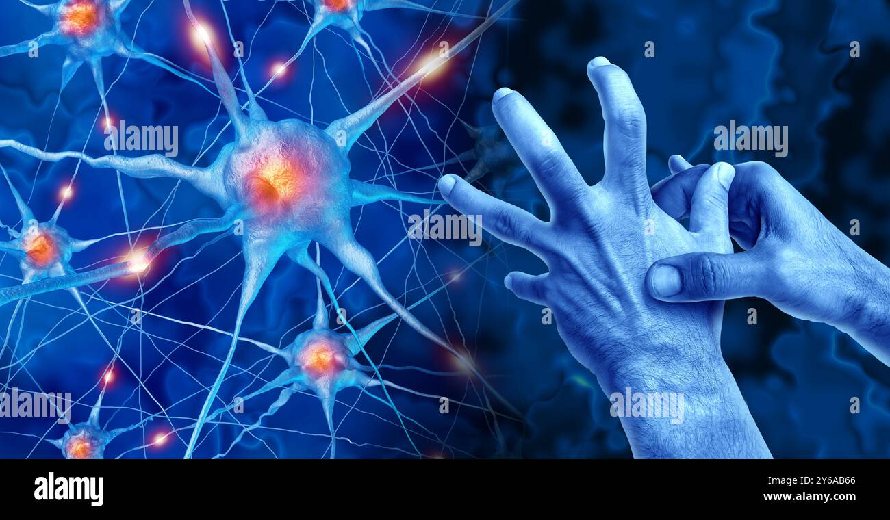 Morbo di Parkinson come disturbo neurologico progressivo che colpisce il movimento del corpo e la coordinazione come cellule neuroniche che perdono la funzione nella substantia Foto Stock