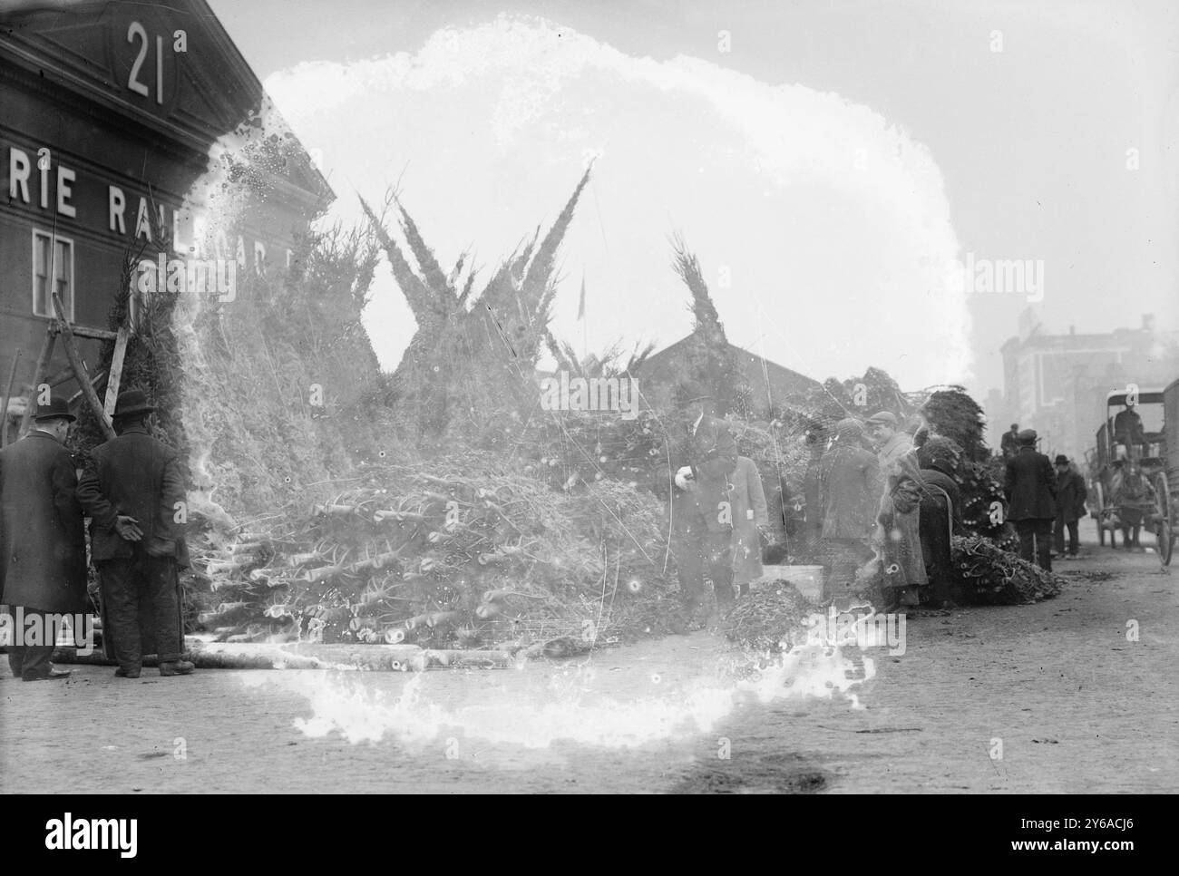 Mercato dell'albero di Natale - N.Y., la fotografia mostra il mercato annuale dell'albero di Natale che si teneva a West Street di fronte al Molo 21, vicino a Duane Street, New York City., tra il 1910 CA e il 1915 CA Y, negativi vetro, 1 negativo: Vetro; 5 x 7 poll. o più piccolo. Foto Stock