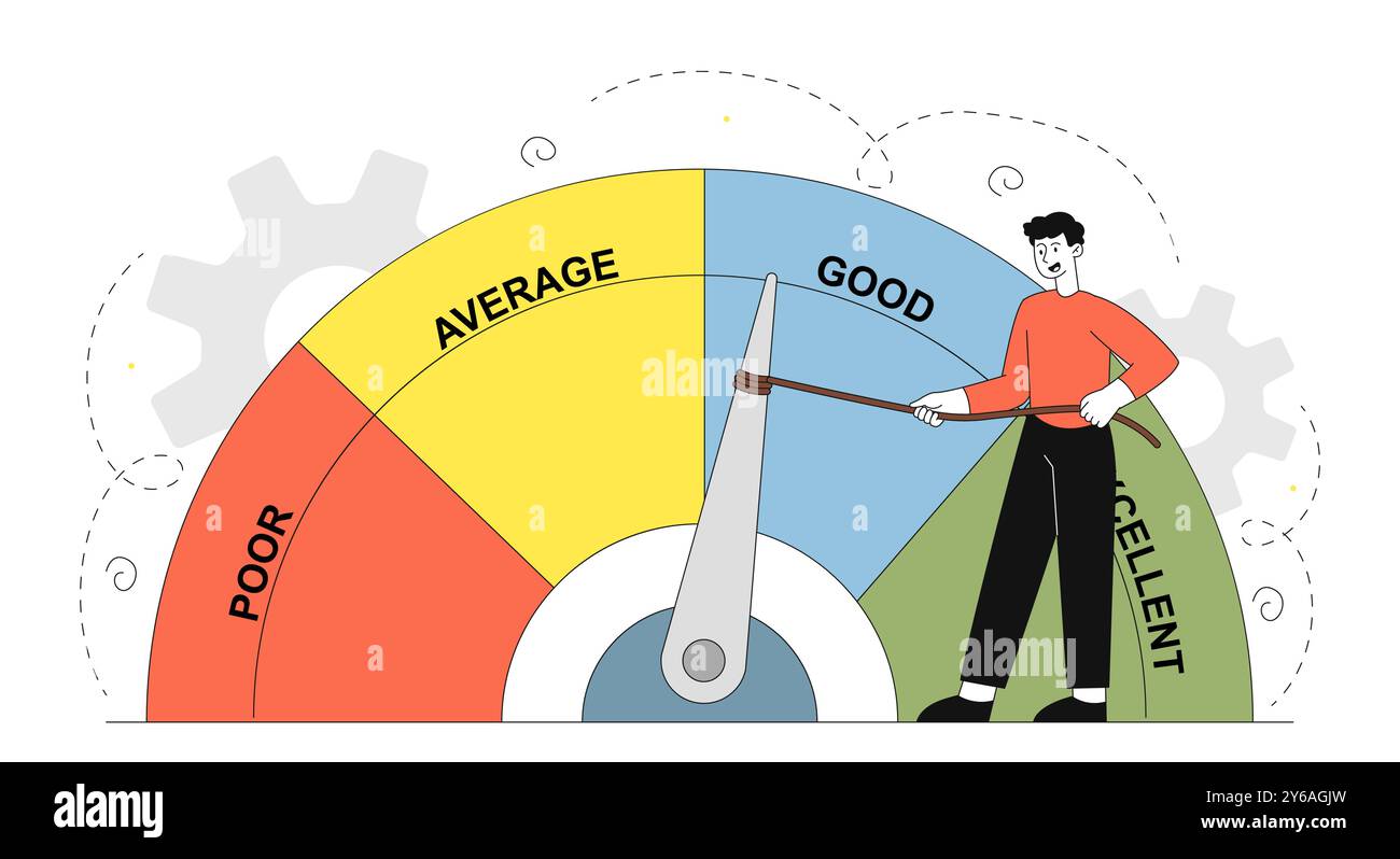 Uomo con rating. Il ragazzo controlla la freccia dell'indicatore. Prestito e mutuo. Rating finanziario e prestazioni. Uomo con misuratore. Vettore lineare Illustrazione Vettoriale