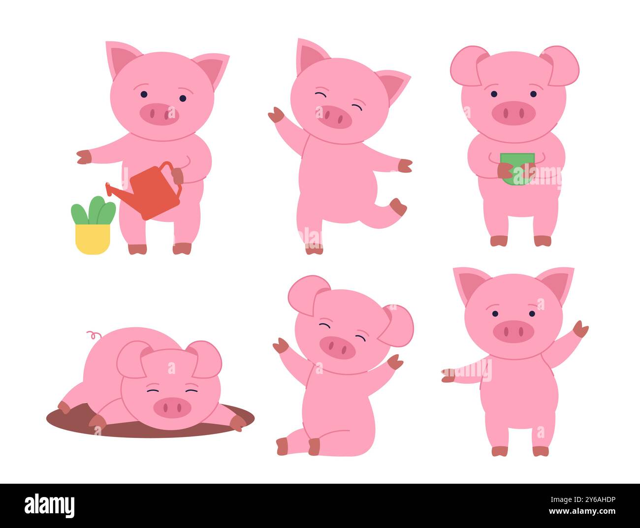 Set di maiali. Piante per innaffiare i maialini, giacenti nel suolo. Bestiame e bestiame, mammiferi. Adesivi per social network e messaggeri. Raccolta vettoriale piatta Illustrazione Vettoriale