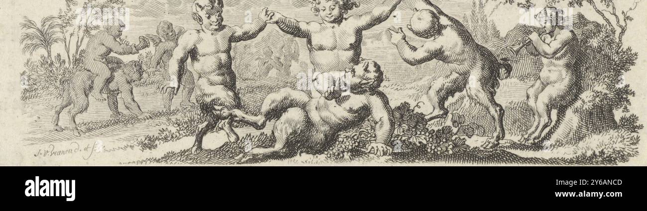 Giovani satiri danzanti, stampa, tipografo: Jan van Vianen, (menzionato sull'oggetto), dopo disegno di: Jan van Vianen, (menzionato sull'oggetto), editore: Francois Halma, Amsterdam, 1701, carta, incisione, incisione, altezza, 40 mm x larghezza, 121 mm Foto Stock