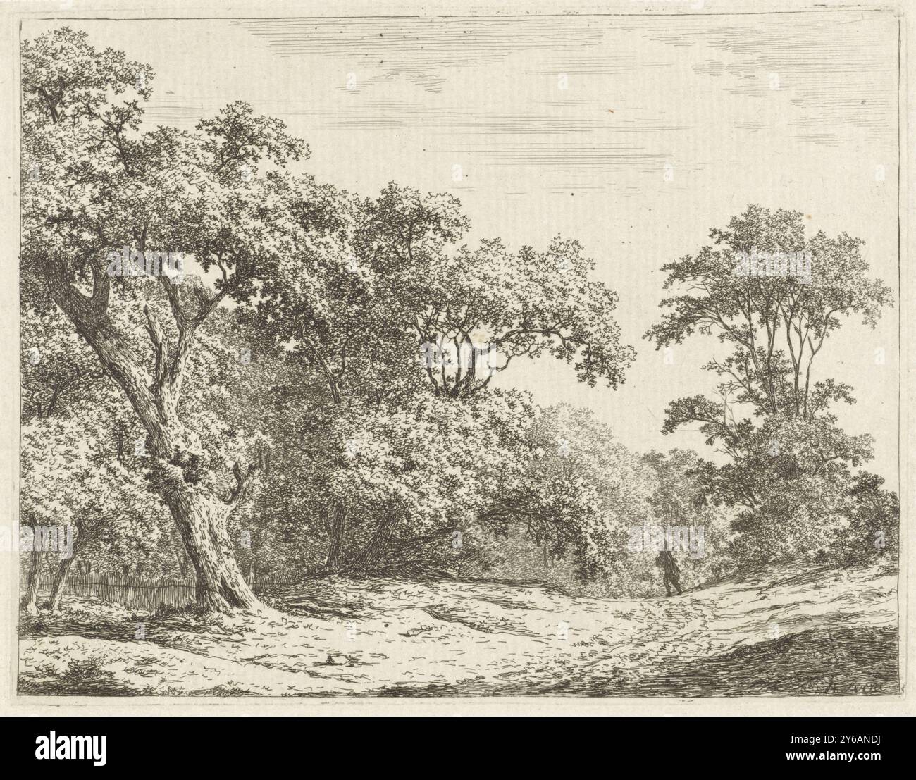 Paesaggio con alberi e un uomo sulla strada, stampa, tipografo: Adrianus Serné, (menzionato sull'oggetto), Paesi Bassi, 1783 - 1853, carta, incisione, altezza, 125 mm x larghezza, 161 mm Foto Stock
