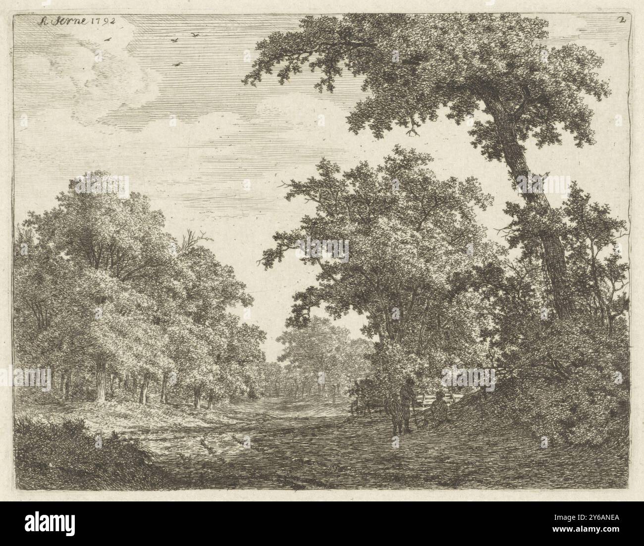 Viaggiatori che riposano lungo una strada nella foresta, viaggiatori che riposano lungo una strada nella foresta. Numerato in alto a destra: 2., stampa, stampatore: Adrianus Serné, (menzionato sull'oggetto), Haarlem, 1792, carta, incisione, altezza, 125 mm x larghezza, 161 mm Foto Stock