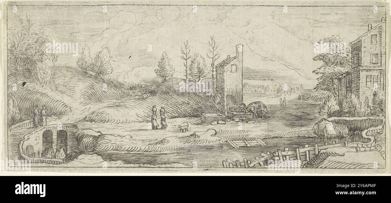 Paesaggio fluviale con due donne su un ponte, paesaggi (titolo della serie), due cavalli bevono da un bacino d'acqua su un sentiero lungo il fiume. Numerato in basso a sinistra: 3., stampa, stampatore: Anonimo, dopo stampa di: Cornelis Claesz van Wieringen, (possibilmente), Haarlem, 1614 - 1664, carta, incisione, altezza, 76 mm x larghezza, 169 mm Foto Stock