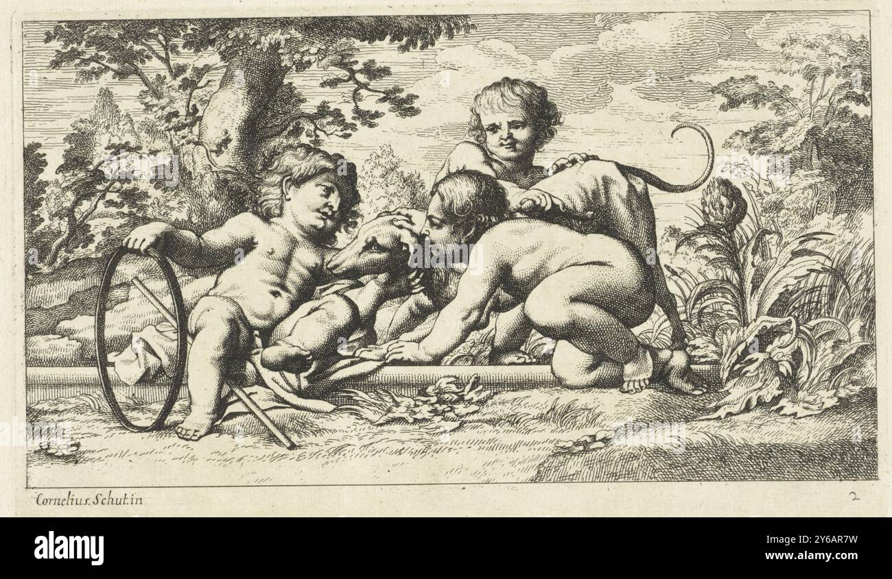Tre putti che giocano con un cane, giocando putti (titolo della serie), in un paesaggio tre putti giocano con un cane. Il putto sinistro ha un cerchio attaccato ad esso. Il bastone è sotto la sua gamba., stampa, stampatore: Anonimo, dopo il disegno di: Cornelis Schut (i), (menzionato sull'oggetto), stampatore: Paesi bassi, dopo il design di: Anversa, 1618 - 1705, carta, incisione, altezza, 132 mm x larghezza, 220 mm Foto Stock