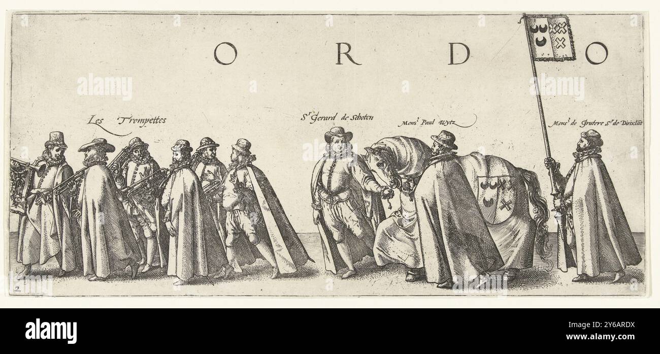 Processione funebre di Guglielmo d'Orange, pagina 2, processione funebre di Guglielmo d'Orange, 3 agosto 1584 (titolo della serie), Haec pompa funebris spectata fuit Batavorum Delphis, tertio die Augusti; Ao. 1584 (titolo della serie sull'oggetto), stazione funebre con i sei trombettieri, Gerard van Schoten e Paul Wytz con un cavallo con lo stemma e De Grutere con lo stemma di Polanen-Breda. Foglio 2 nella processione funebre di Guglielmo d'Orange, Delft, 3 agosto 1584. stampatore: Hendrick Goltzius, editore: Willem Janszoon Blaeu, stampatore: Haarlem, editore: Amsterdam, 1584 e, OR Foto Stock