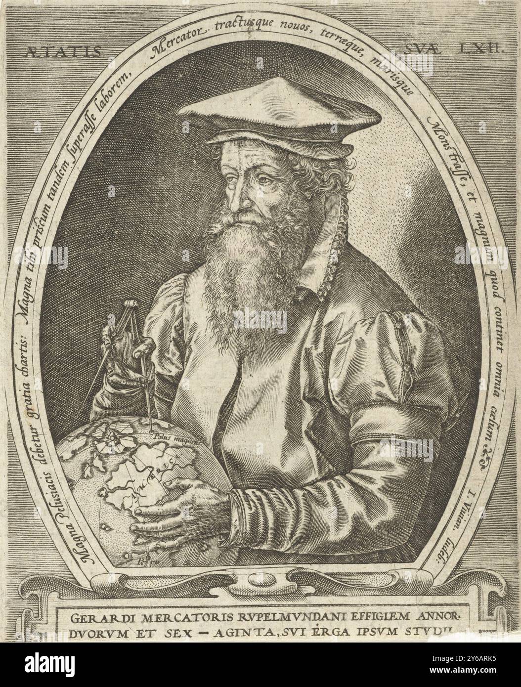 Ritratto di Gerardus Mercator, Gerardus Mercator, mostrato a metà, il suo corpo girò a sinistra; un globo e uno strumento di misurazione nelle sue mani. Intorno all'ovale e in un cartiglio sotto la stampa, iscrizioni in latino., stampa, tipografo: Hendrick Goltzius, (possibilmente), su disegno di: Frans Hogenberg, 1576, carta, incisione, altezza, 185 mm x larghezza, 146 mm Foto Stock