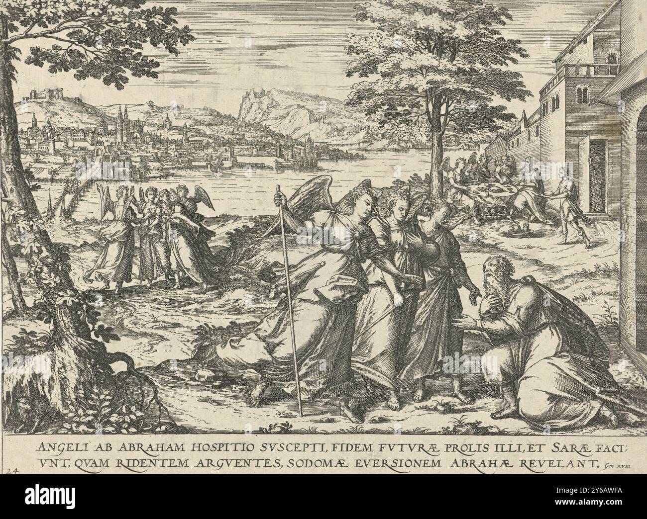 Abramo e i tre angeli, Figurae et imagines bibliorum (titolo della serie), Abramo riceve i tre angeli davanti alla sua casa e offre loro un pasto. Gli promettono che avrà un figlio con Sara. A sinistra gli angeli puntano verso la città di Sodoma e prevedono la distruzione della città. In fondo un riferimento in latino al testo della Bibbia nel Gen. 13., stampa, tipografo: Symon Novelanus, (attribuito a), editore: Johann Bussemacher, (possibilmente), Colonia, 1577 - 1627, carta, incisione, altezza, 212 mm x larghezza, 283 mm Foto Stock