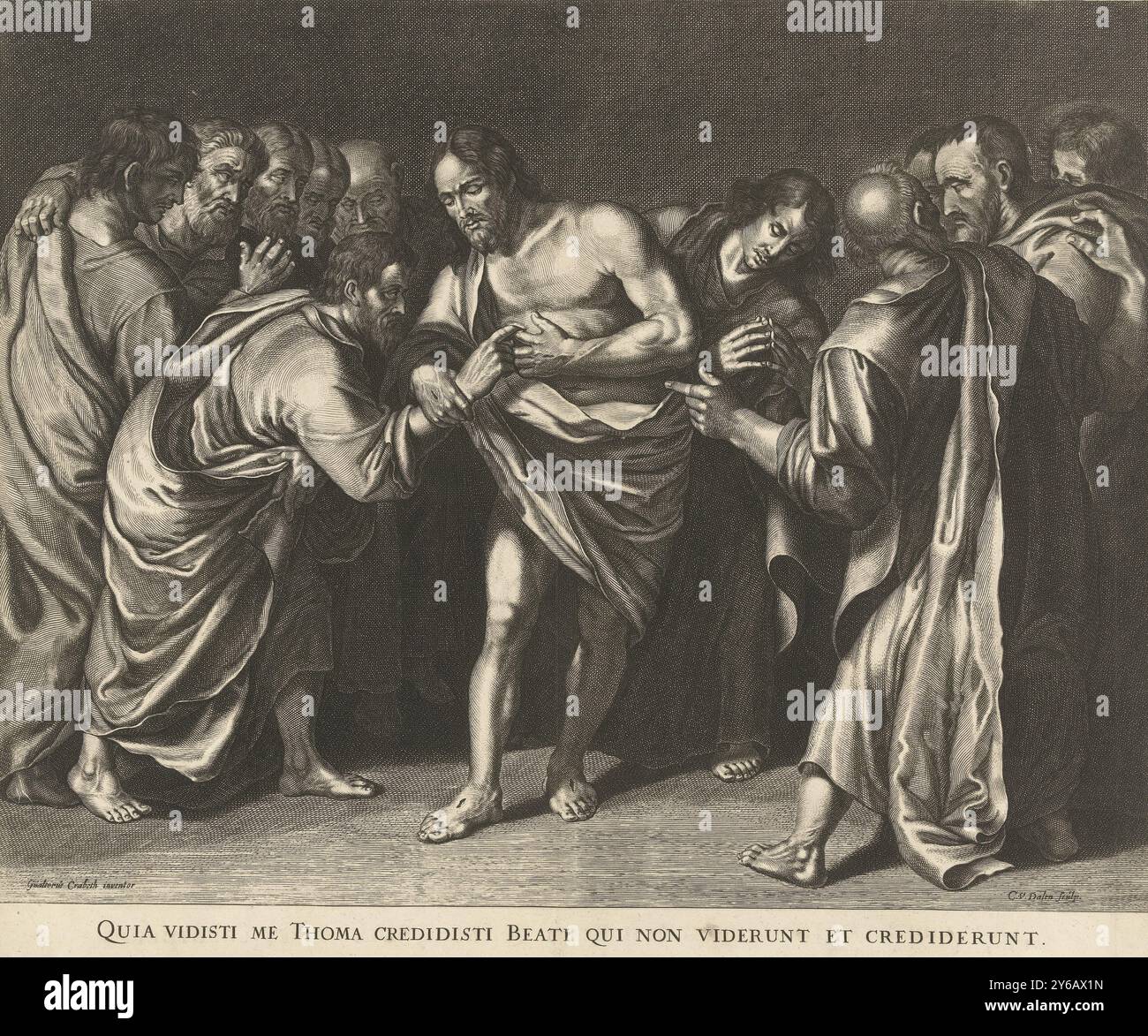 Incredibile Tommaso tocca la ferita di Cristo, Quia vidisti me Thoma credidisti beati qui non viderunt et crediderunt (titolo sull'oggetto), Cristo mostra Tommaso le sue ferite dopo la crocifissione alla presenza degli altri apostoli., stampa, stampatore: Cornelis van Dalen (i), (menzionato sull'oggetto), su disegno di: Wouter Pietersz II Crabeth, (menzionato sull'oggetto), 1612 - 1665, incisione, carta, incisione altezza, 425 mm x larghezza, 517 mm Foto Stock