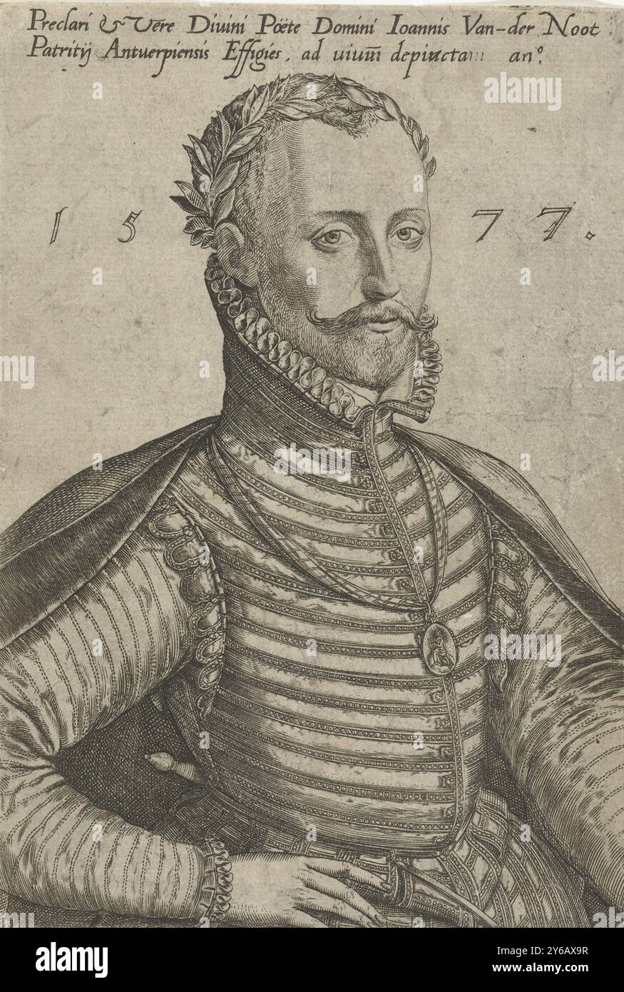 Ritratto di Jan van der Noot, Jonker Jan van der Noot, poeta olandese, ritratto a mezza lunghezza, coronato da corona d'alloro. Medaglia intorno al collo con l'immagine di un musicista che suona una lira. Iscrizione latina., stampa, stampatore: Abraham de Bruyn, Anversa, 1577, carta, incisione, altezza, 176 mm x larghezza, 118 mm Foto Stock