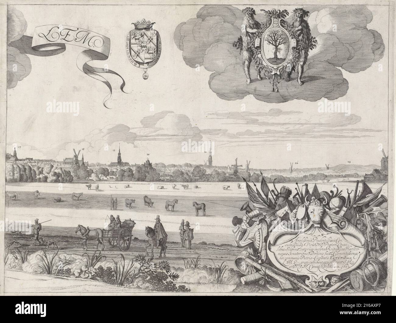 Vista di Haarlem A, pagina a destra, Vista di Haarlem, vista da nord, con edifici dotati di numeri. In primo piano bestiame, cavalieri, un cacciatore, un cavallo, un carro e camminatori., stampa, stampatore: Jan van de Velde (II), su disegno di: Pieter de Molijn, Samuel Ampzing, (menzionato sull'oggetto), Paesi Bassi del Nord, 1621, carta, incisione, altezza, 420 mm x larghezza, 557 mm Foto Stock