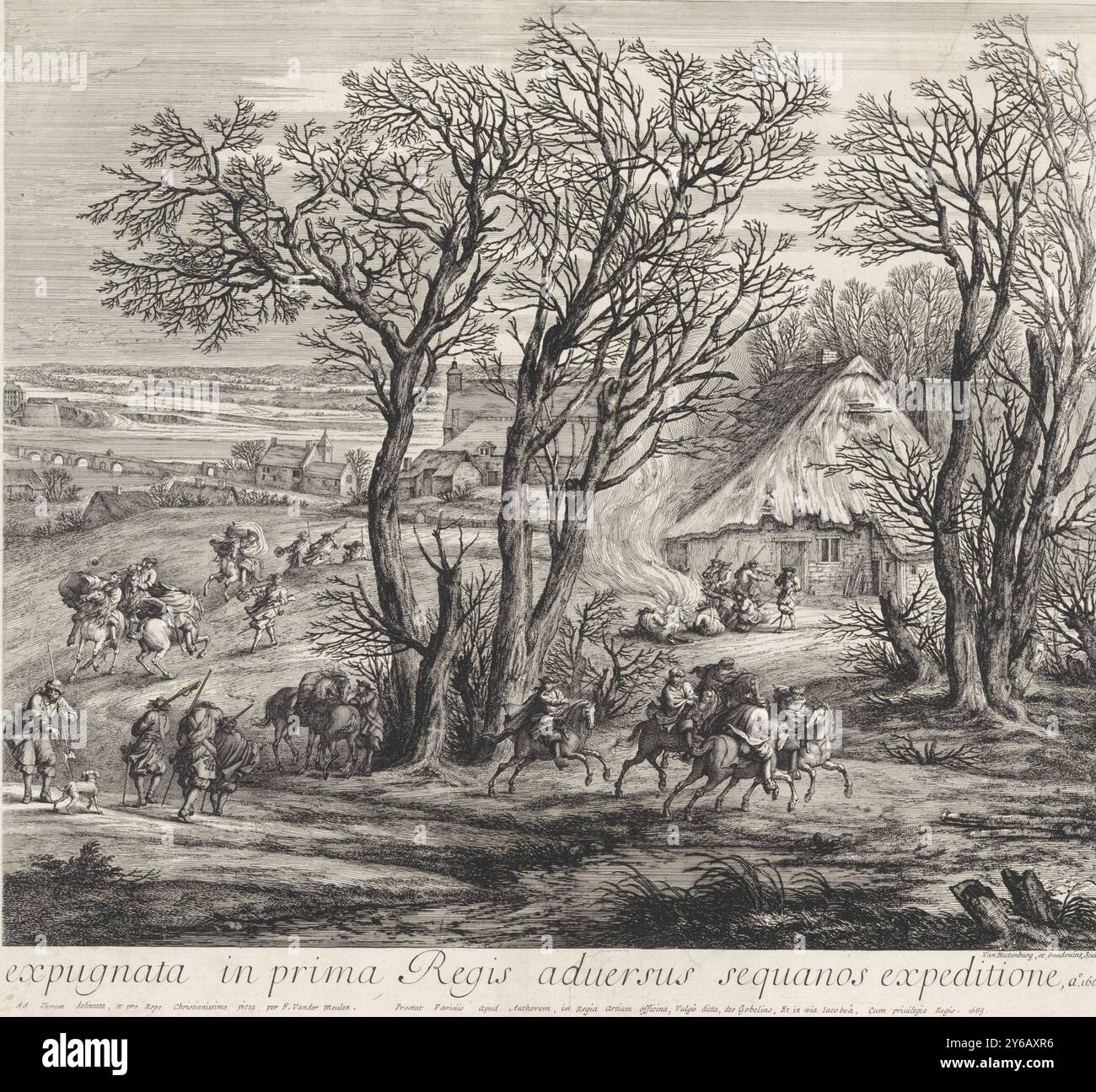 Cattura della città di Dôle da parte delle truppe francesi, 1668 soldati dell'esercito di Luigi XIV, re di Francia, sono a cavallo. Sulla destra ci sono dei soldati seduti intorno ad un fuoco di fronte ad una fattoria. Sullo sfondo c'è il ponte di accesso sul fiume Doubs alla città catturata di Dôle., stampatore: Jan van Huchtenburg, (menzionato sull'oggetto), stampatore: Adriaen Frans Boudewyns, (menzionato sull'oggetto), dopo aver disegnato da: Adam Frans van der Meulen, (menzionato sull'oggetto), Parigi, 1685, carta, incisione, incisione, altezza, 508 mm x larghezza, 554 mm Foto Stock