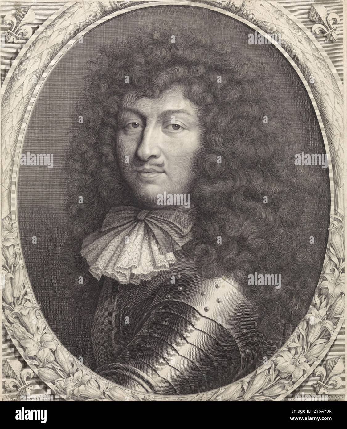 Ritratto di Luigi XIV, re di Francia, con arco in una cornice ovale con gigli, stampa, tipografo: Pieter van Schuppen, (menzionato sull'oggetto), dopo pittura di: P. Mignard, (menzionato sull'oggetto), dopo disegno di: Pieter van Schuppen, (menzionato sull'oggetto), Parigi, ago-1672, carta, incisione, altezza, 500 mm x larghezza, 428 mm Foto Stock