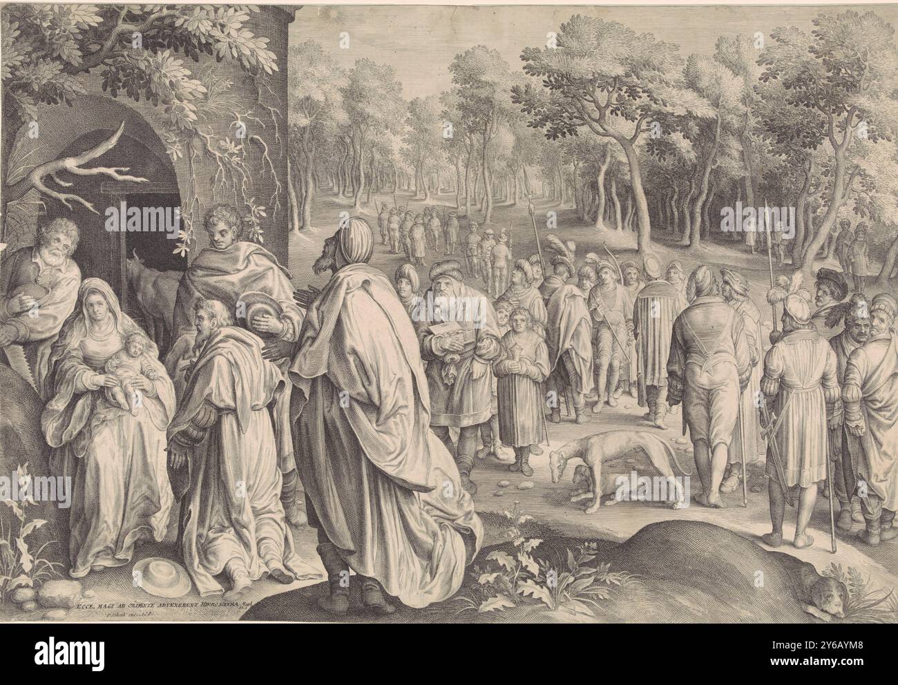 Adorazione dei Magi, Una stalla in un paesaggio boscoso. In primo piano di sinistra, Maria e Giuseppe mostrano il bambino Cristo ai tre saggi. Sullo sfondo i membri del loro entourage con i doni. In lontananza splende la stella che li ha portati alla stalla di Betlemme. La stampa ha una didascalia latina., stampa, stampatore: Nicolaes de Bruyn, (menzionato sull'oggetto), su disegno di: Nicolaes de Bruyn, (menzionato sull'oggetto), editore: Pieter Schenk (i), (menzionato sull'oggetto), stampatore: Rotterdam, editore: Amsterdam, 1643 e, oppure 1670 - 1711, carta, incisione, larghezza, 696 mm x altezza, 478 m. Foto Stock