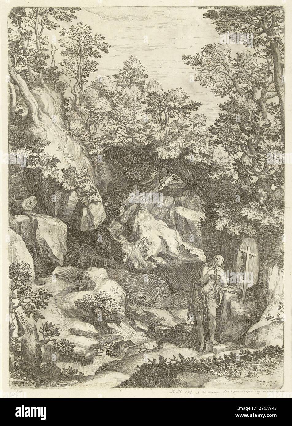 Paesaggio con la Maddalena penitente, paesaggio con Santa Maria Maddalena in preghiera davanti a un crocifisso in un burrone., stampa, tipografo: Cornelis Cort, (menzionato sull'oggetto), su disegno di: Girolamo Muziano, (menzionato sull'oggetto), editore: Carlo Losi, Roma, 1573 e, o c. 1774, carta, incisione, altezza, 490 mm x larghezza, 355 mm Foto Stock