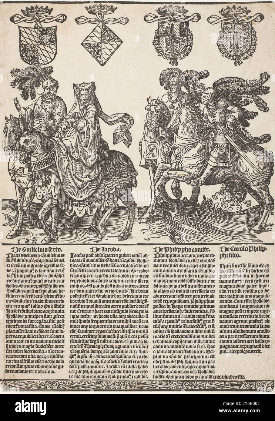 Guglielmo vi, Giacoba di Baviera, Filippo il buono e Carlo il Temerario, i conti e i conti d'Olanda (titolo della serie), Foglio da una serie di nove fogli, stampato da due blocchi. Guglielmo il vi, Filippo il buono, Carlo il Temerario, conti d'Olanda e Zelanda e Jacoba van Beyeren, contessa d'Olanda e Zelanda, seduti a cavallo. Sopra le immagini delle persone i loro stemmi ricoperti di corone. Sotto la stampa letterale in quattro colonne c'è un breve avviso in latino dei monarchi e regine sopra menzionati, stampa, stampatore: Jacob Cornelisz van Oostsanen, (menzionato in Foto Stock