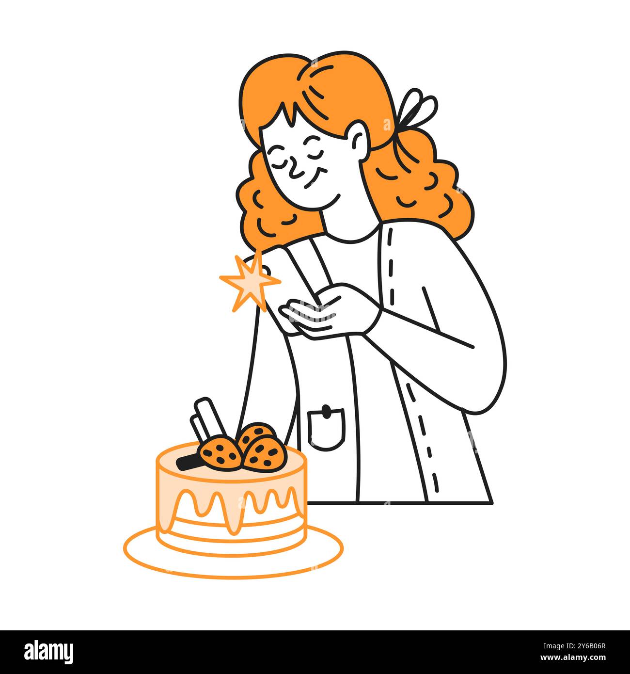 Donna che scatta foto della torta sull'icona vettoriale della linea dello smartphone Illustrazione Vettoriale