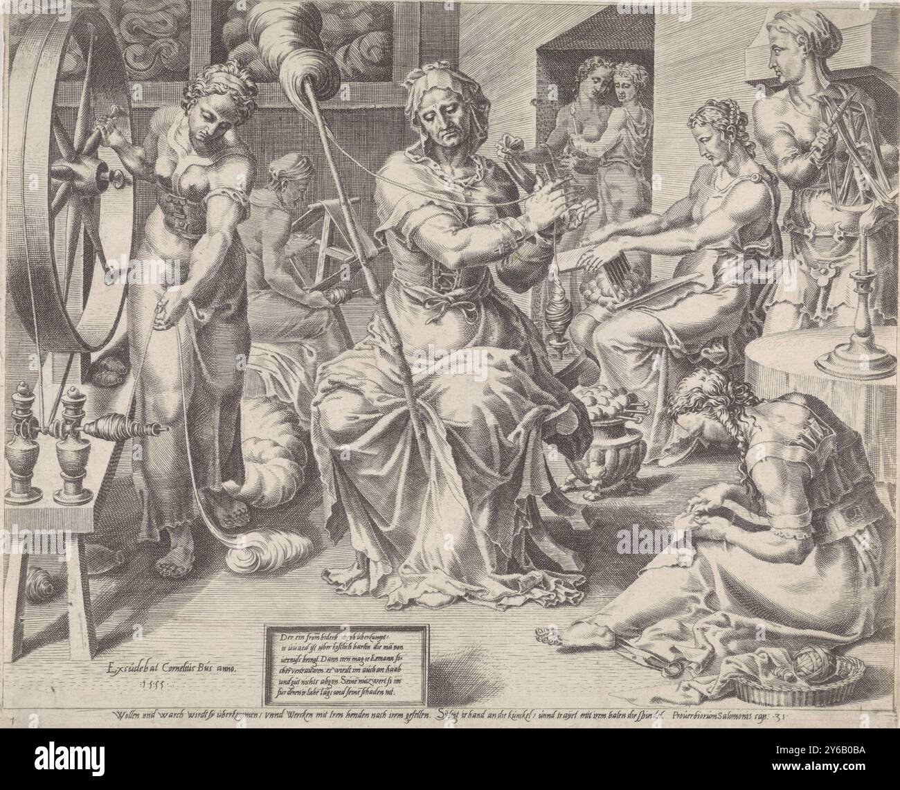 The Virtuous Woman Spins, lode per The Virtuous Housewife (titolo della serie), The Virtuous Housewife Spins Wool and Linen. Le sue cameriere la aiutano. La stampa è basata sui Proverbi 31:12: "Una donna virtuosa sceglie lana e lino, gira e si intreccia con gioia." L'immagine ha una didascalia tedesca e fa parte di una serie di sei parti che lodano le attività della virtuosa casalinga., tipografia: Dirck Volckertsz. Coornhert, su disegno di: Maarten van Heemskerck, editore: Cornelis Bos, (menzionato sull'oggetto), tipografo: Haarlem, su disegno di: Haarlem, editore: Groningen, 1555, carta, Foto Stock