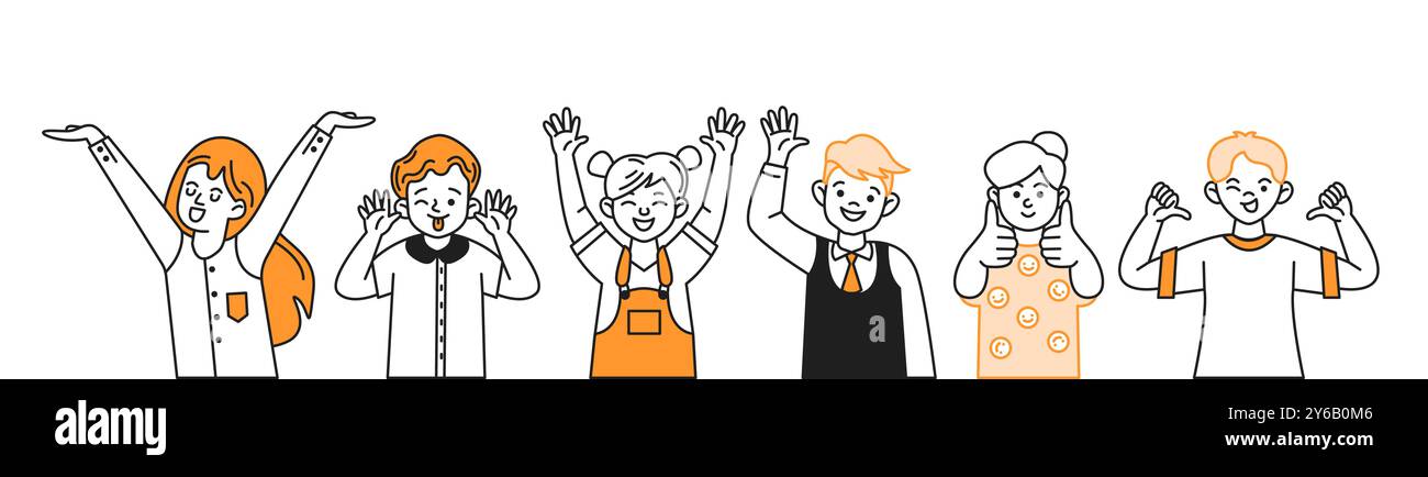 Gruppo di bambini che esprimono il set di icone vettoriali delle emozioni Illustrazione Vettoriale