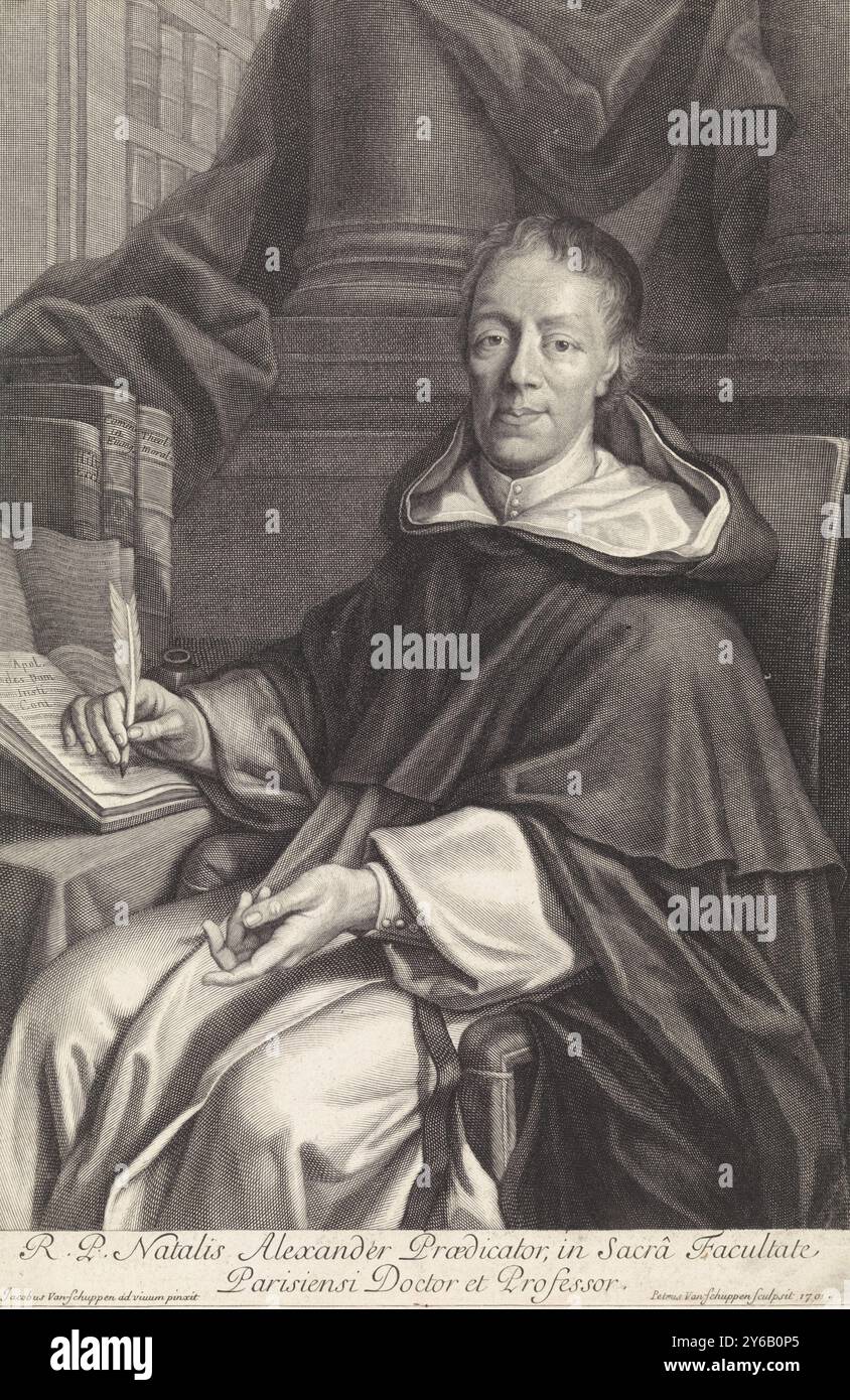 Ritratto di Alexandre Noël, Ritratto del teologo Alexandre Noël. È raffigurato nella sua biblioteca, seduto a un tavolo. In mano tiene una penna, apparentemente disturbata mentre scrive. Sul tavolo ci sono diverse copertine di libri con le sue pubblicazioni. Sotto il ritratto il suo nome e la sua posizione sono in latino., stampa, stampatore: Pieter van Schuppen, (menzionato sull'oggetto), dopo aver dipinto di: Jacob van Schuppen, (menzionato sull'oggetto), Parigi, luglio 1701, carta, incisione, altezza, 319 mm x larghezza, 209 mm Foto Stock